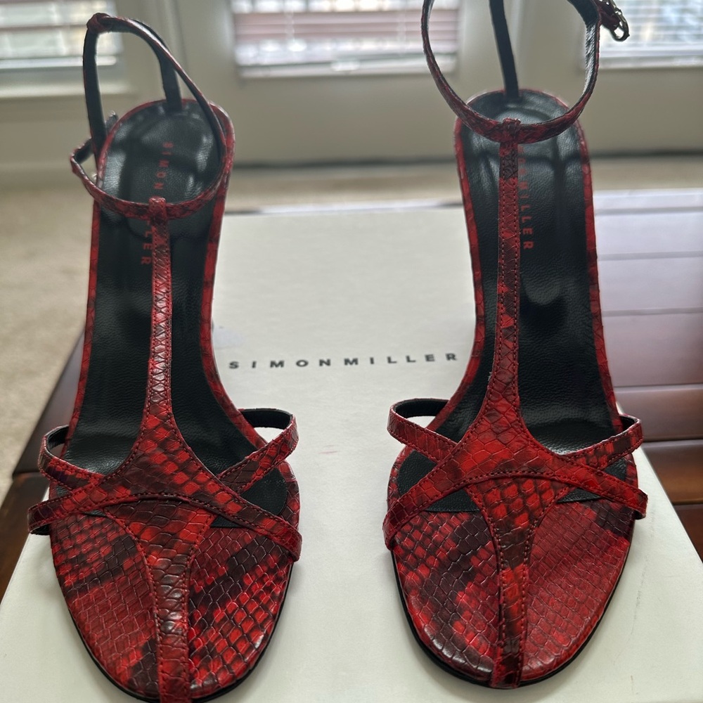 Simon Miller Red Black Snakeskin T Strap Open Toe Heels - NWB Size 38